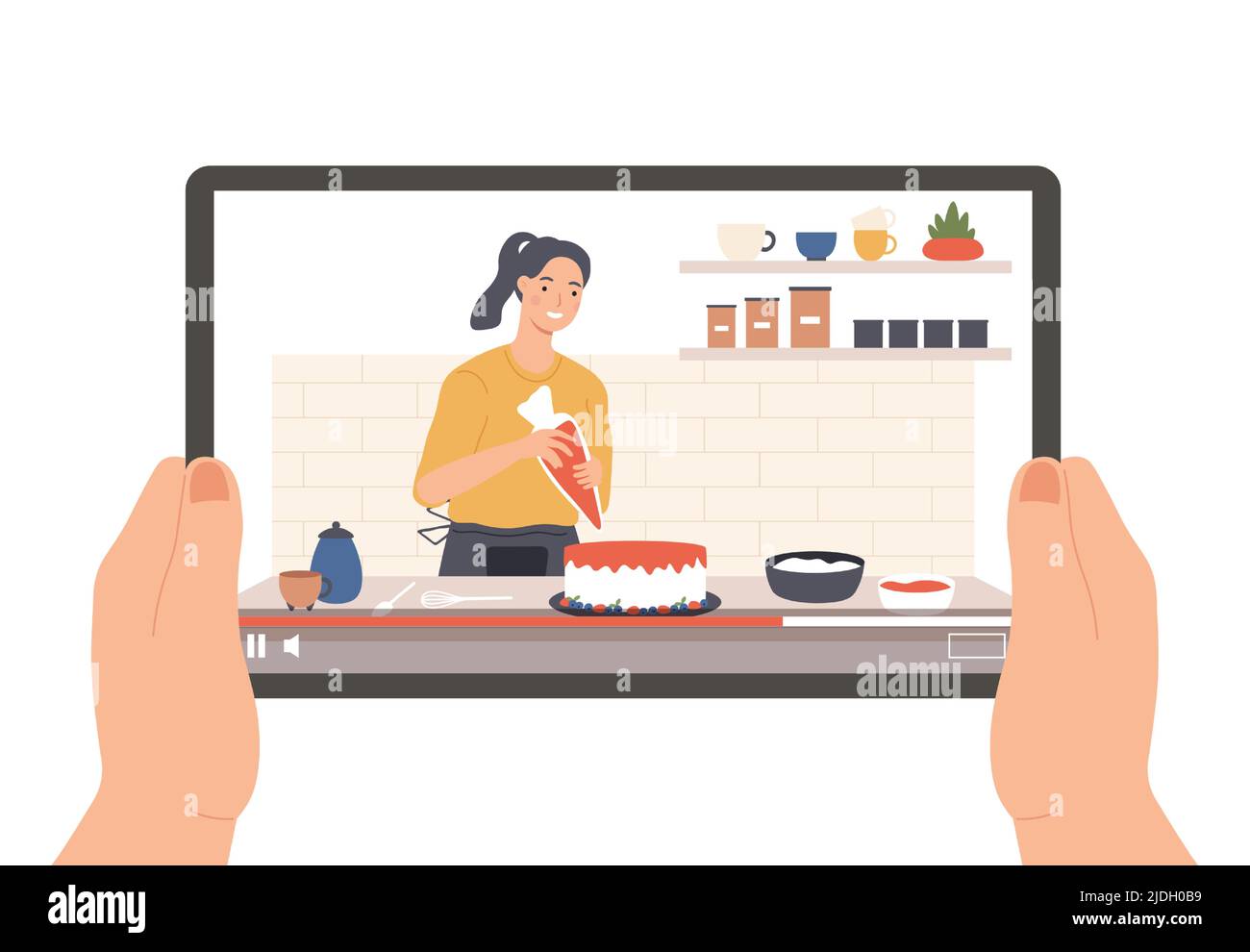 Hände halten Tablet mit kulinarischen Übertragung von vlogger Stock Vektor