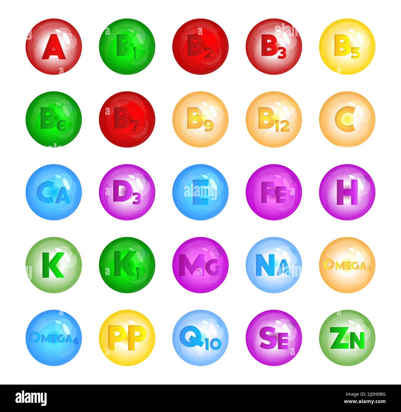 Multivitamin, Vitamin und Mineralien Vector Icon Kollektion. VITAMIN A, B1, B2, B3, B5, B6, B7, B9, B12, C, Ca, D3, E, Fe, H, K, K1, mg, Na, Omega3, Ome Stock Vektor