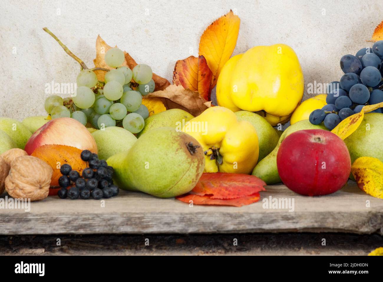 Ländliche Ernte auf dem Holzbrett. Bund von reifen Früchten. Bio gesunde Lebensmittel und rustikale Stillleben Zusammensetzung Stockfoto