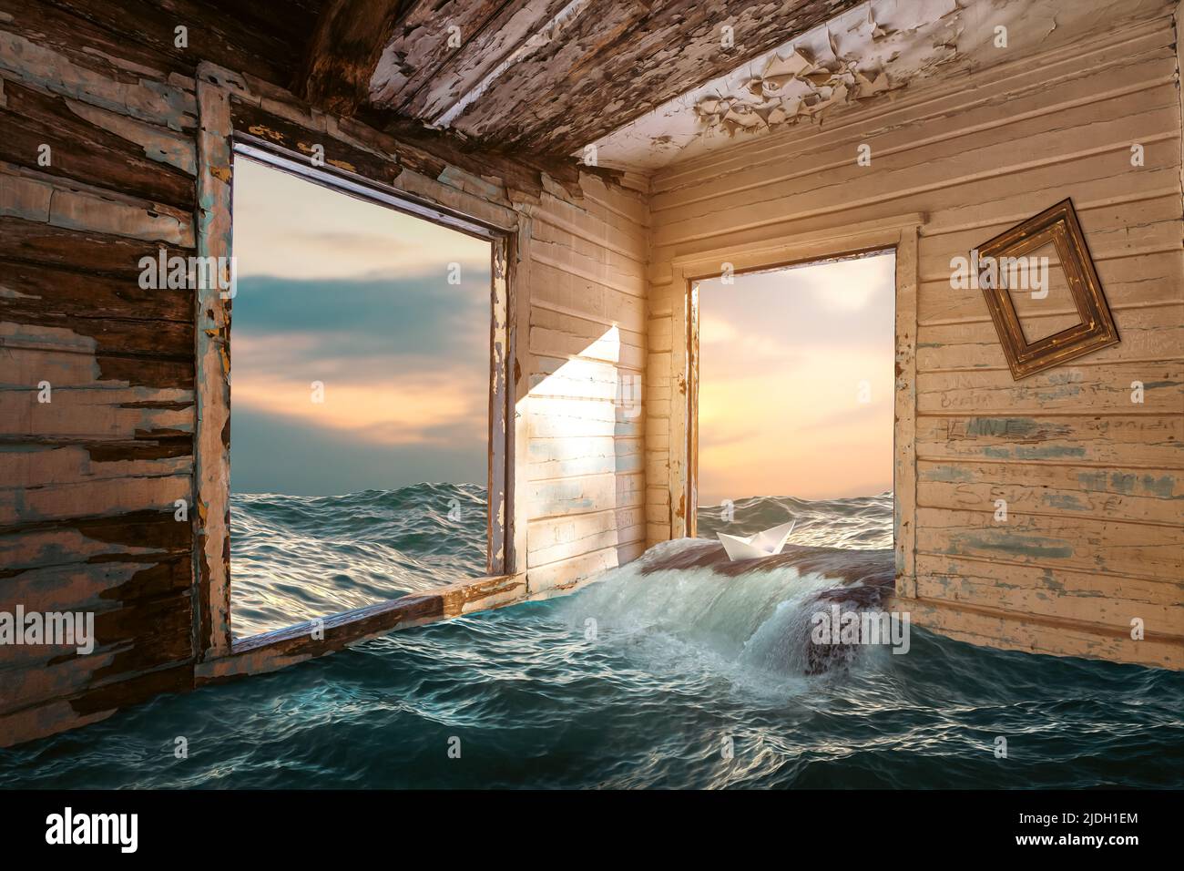 Eine alte verlassene Holzhütte auf dem Meer. Unrealistische Fantasie und Naturkonzept. Hochwertige Fotos Stockfoto