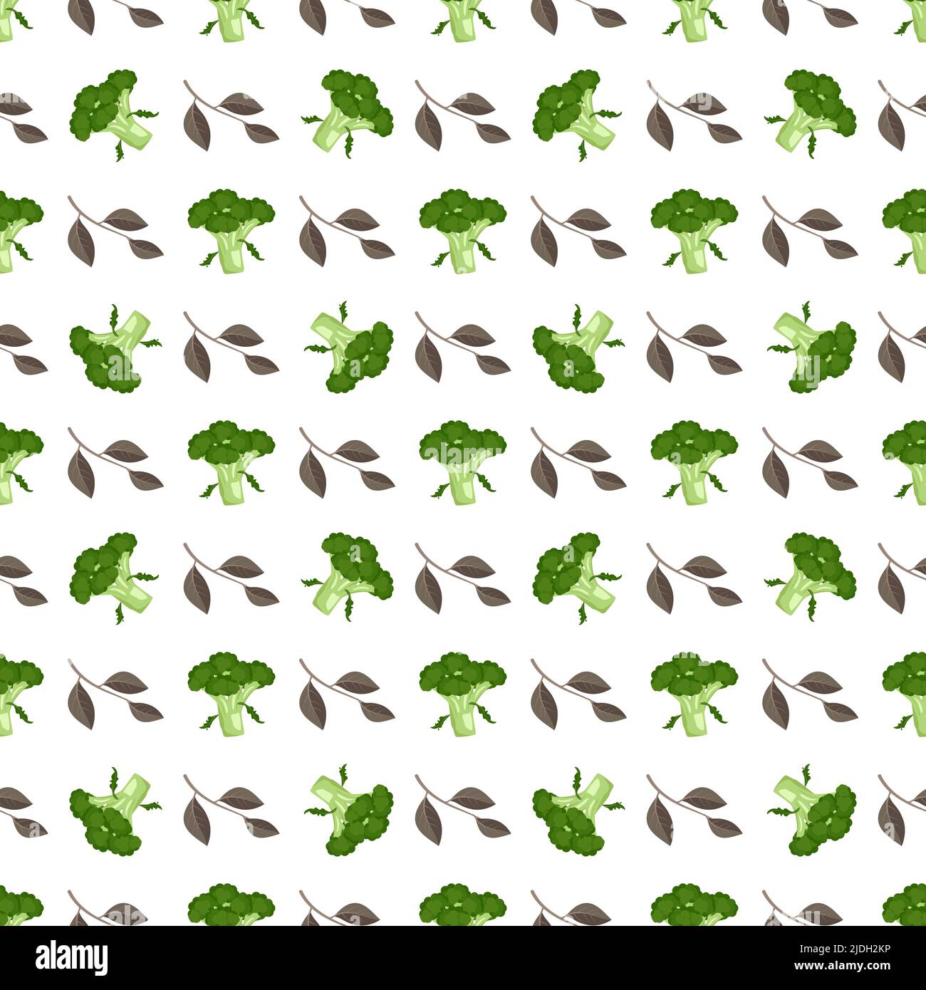 Nahtloses Muster mit Brokkoli und Blättern.Gemüsedruck auf weißem Hintergrund. Lebensmittel für eine gesunde Ernährung. Naturprodukt für Vegetarier geeignet. Vektorgrafik flach Stock Vektor