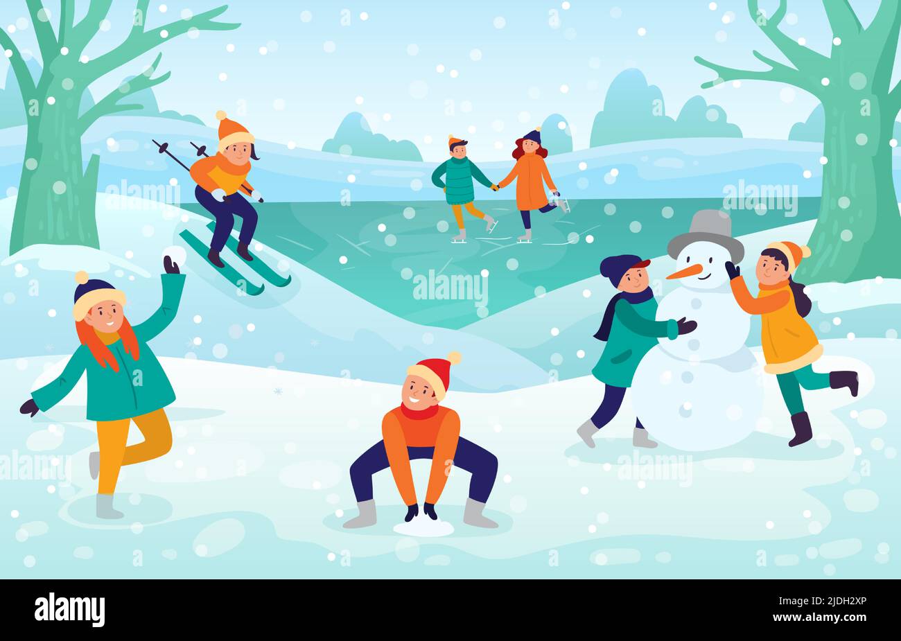 Winter Kinder Aktivitäten Schneeschlacht und Ski Stock Vektor