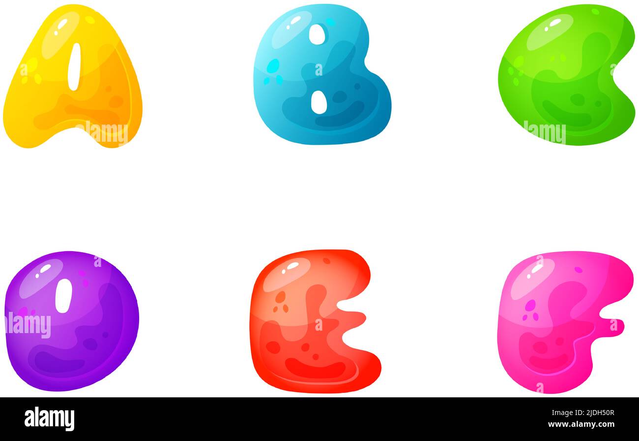 Gelee bunte Alphabete, Comic-Alphabet für Kinder. Jelly Bright Font. Kindliche Art für Veranstaltungen, Aktionen. Stock Vektor