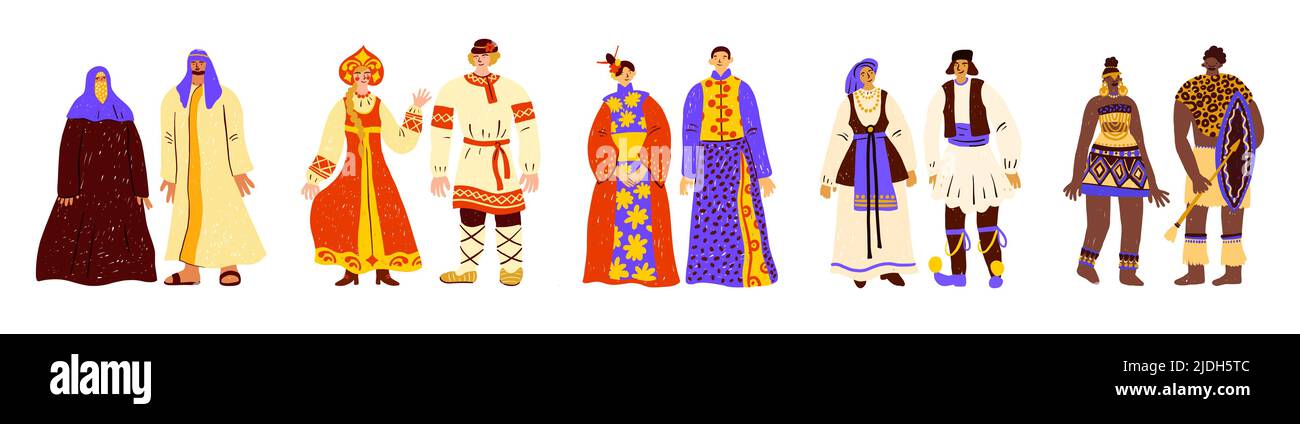 Menschen in Trachten. Paare in nationaler Kleidung. Verschiedene Länder Personen. Männer und Frauen in traditioneller Kleidung. Outfits für Männer und Frauen. Welt Stock Vektor