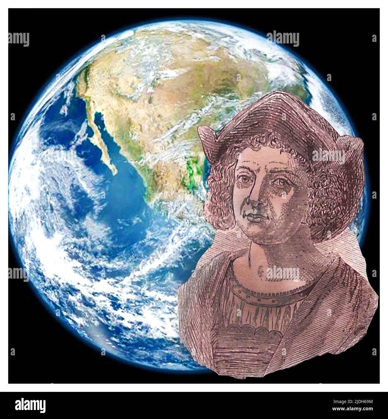 Ein Vintage-Stich von Christopher Columbus / Christophorus Columbus, geboren in Genua, italienischer Entdecker (1451-1506), überlagert auf einem modernen Bild der Erde aus dem Weltraum, das den amerikanischen Kontinent zeigt, zu dem er auf seinen vier Reisen über den Atlantik segelte. Kolumbus diente 1. als Gouverneur der indischen Inseln (1492–1499) --: UN'incisione d'epoca di Cristoforo Colombo genovese nato, esploratore italiano (1451-1506) sovrapposta a un quadro moderno del continente americano, ha navigato verso i suoi 4 viaggi attraverso l'Atlantico. Colombo servì Come 1º Governatore delle Indie (1492–1499) Stockfoto