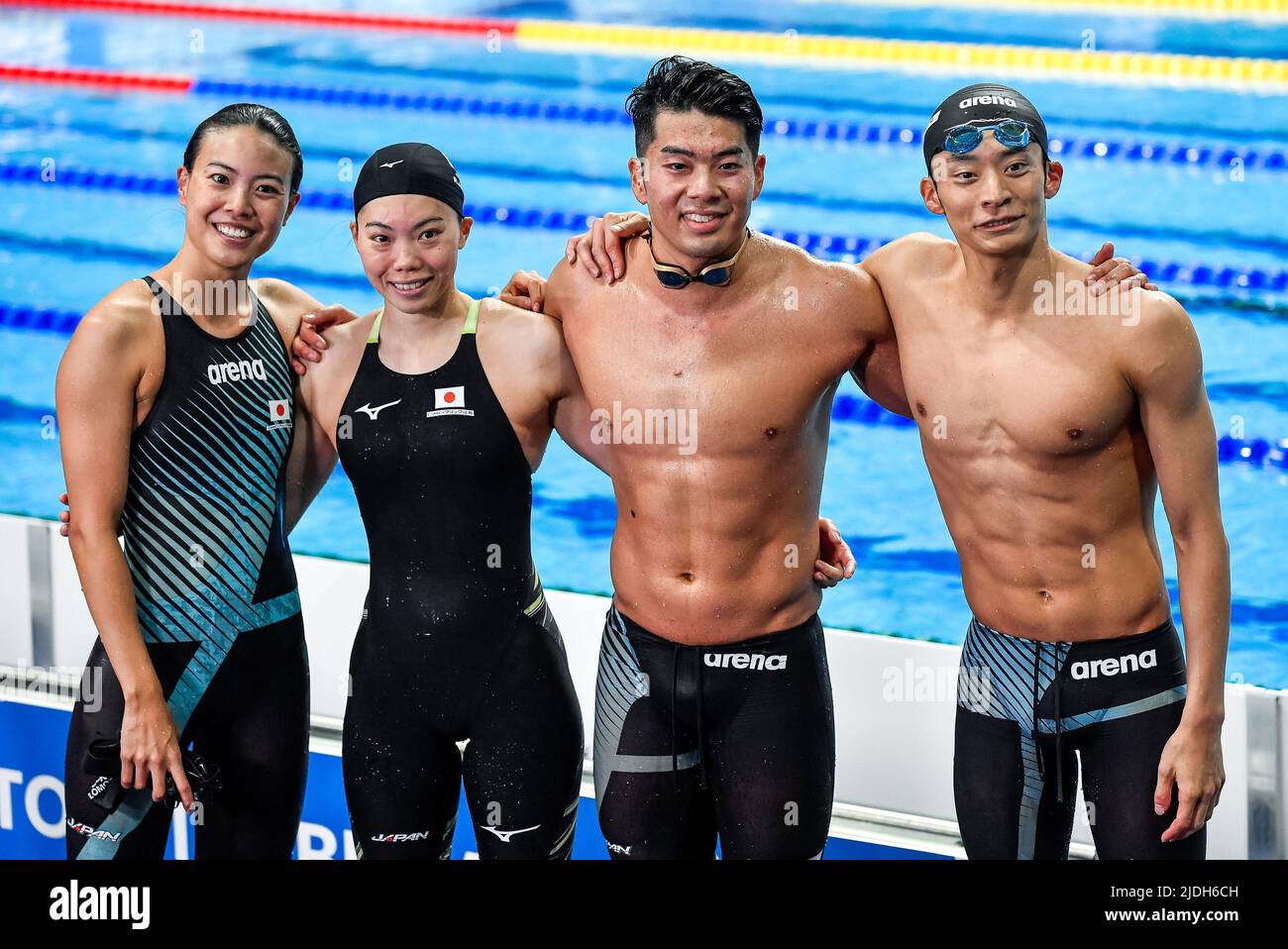 Budapest, Ungarn. 21.. Juni 2022. JPN - Japan, IRIE Ryosuke, AOKI Reona, MIZUNUMA Naoki, OMOTO Rika4x100m Medley Relay Mixed Heats Schwimmen FINA 19. World Championships Budapest 2022 Budapest, Duna Arena 21/06/22 Foto Giorgio Scala/Deepbluemedia/Insidefoto Kredit: Insidefoto srl/Alamy Live News Stockfoto