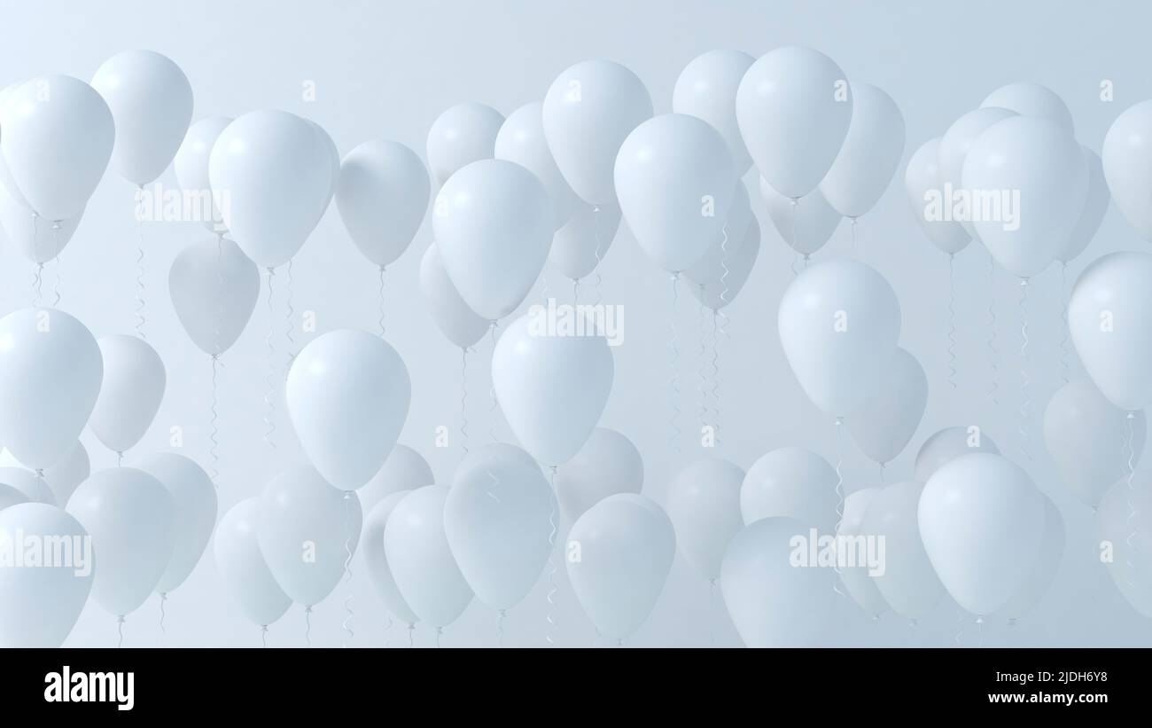 Fliegende weiße glänzende Ballons, Feier Hintergrund Stockfoto