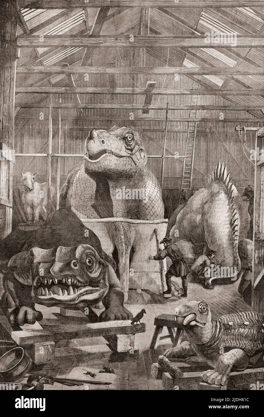 Antidiluvianische Tiere. Die Dinosauriermodelle, die im Studio von Benjamin Waterhouse Hawkins in Sydenham, London, England, gebaut werden 1853. Aus L'Univers Illustre, Paris, 1859 Stockfoto