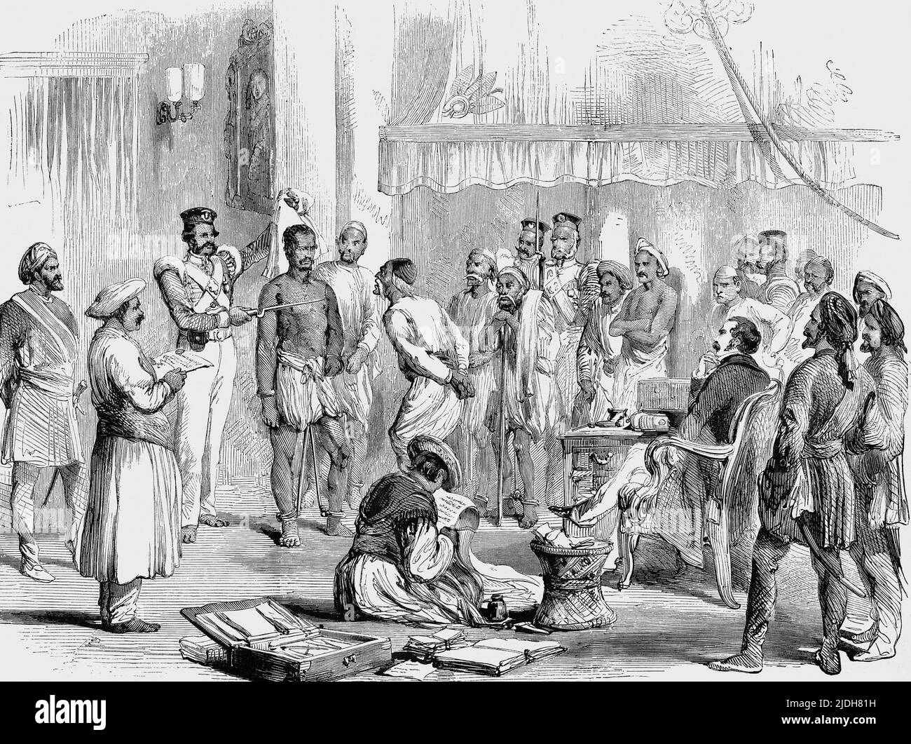 Cutchery (Gericht) des Magistrats in Awadh oder Oudh 1853. Ein indischer Gefangener in Eisen, der der Vergiftung beschuldigt wird, wird vor einen englischen Richter gebracht. Aus L'Univers Illustre, Paris, 1859 Stockfoto