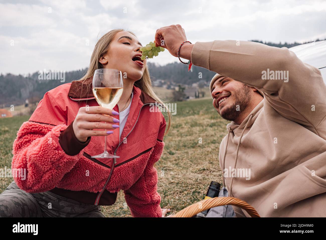 Lächelndes junges, modernes Paar, das eine Reise in die Natur macht, Wein und Trauben genießt, während es entspannt neben ihrem neuen exklusiven Elektroauto sitzt Stockfoto
