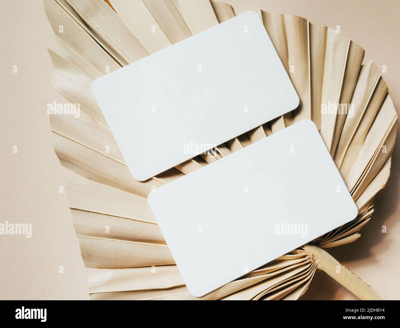 Zwei leere weiße Karten auf einem beigefarbenen trockenen Palmenblatt-Hintergrund von oben. Formulare für Unternehmen, Werbung. Leerer Raum für Text. Minimalistischer, moderner Stil Stockfoto