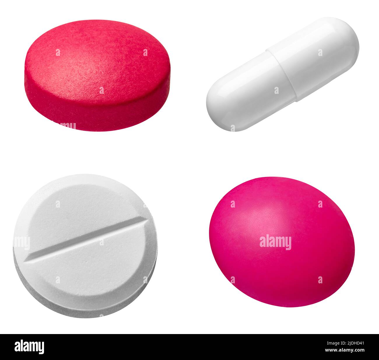 Sammlung von verschiedenen weißen und roten Pillen auf weißem Hintergrund Stockfoto