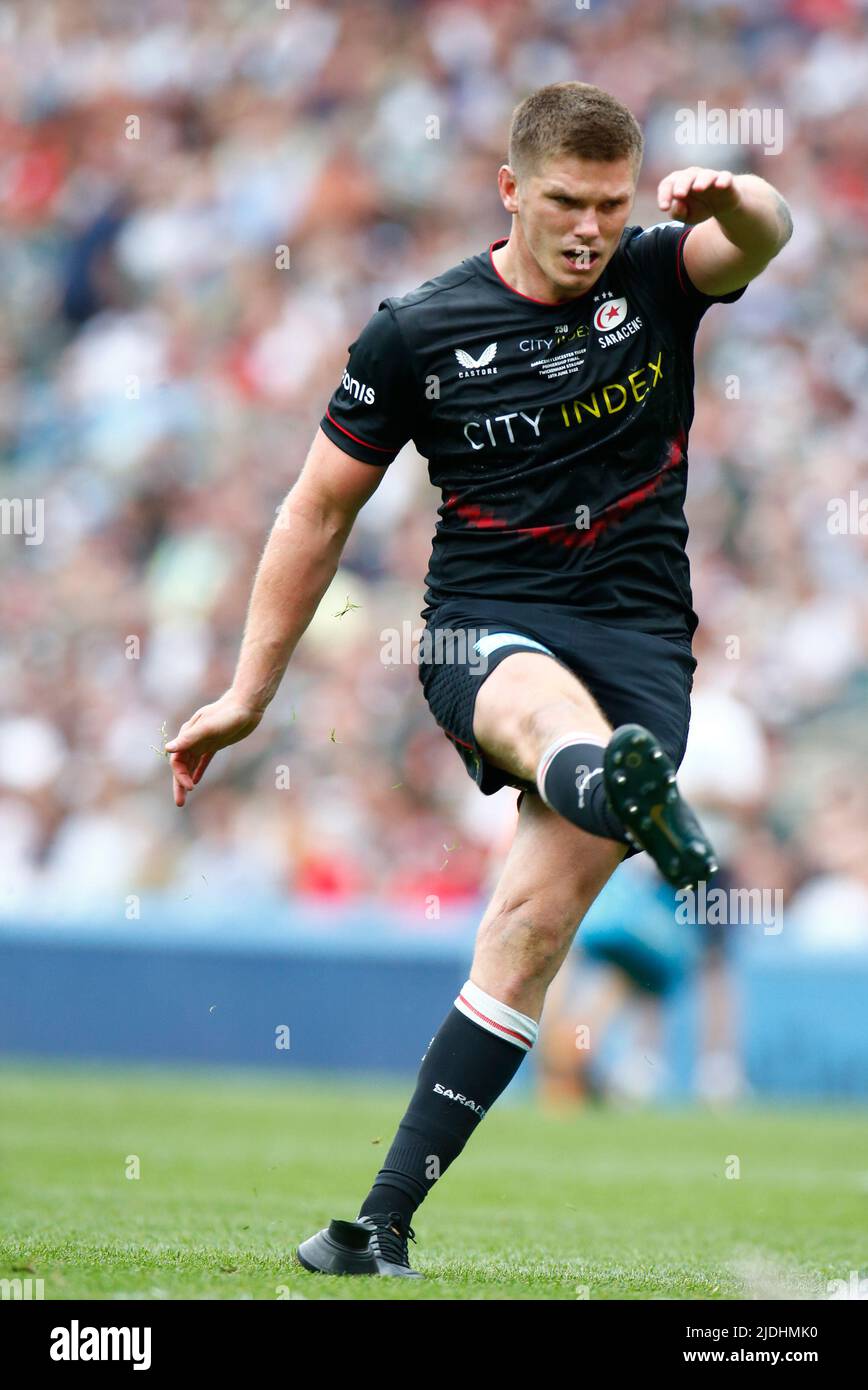 LONDON ENGLAND - JUNI 18 : Owen Farrell von Saracens während des Gallagher English Premiership Finales zwischen Saracens gegen Leicester Tigers in Twickenha Stockfoto