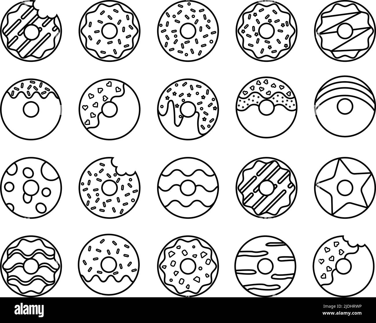 Donuts Design Vektor-Set. 20 Pixel perfekte Symbole Stock Vektor
