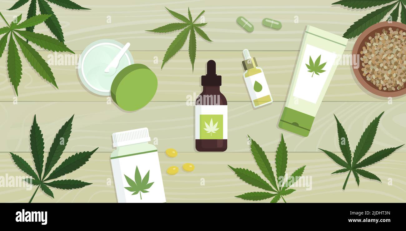 Hanfkosmetik, cbd-Öl und Cannabismedizin mit Hanfblättern Stock Vektor