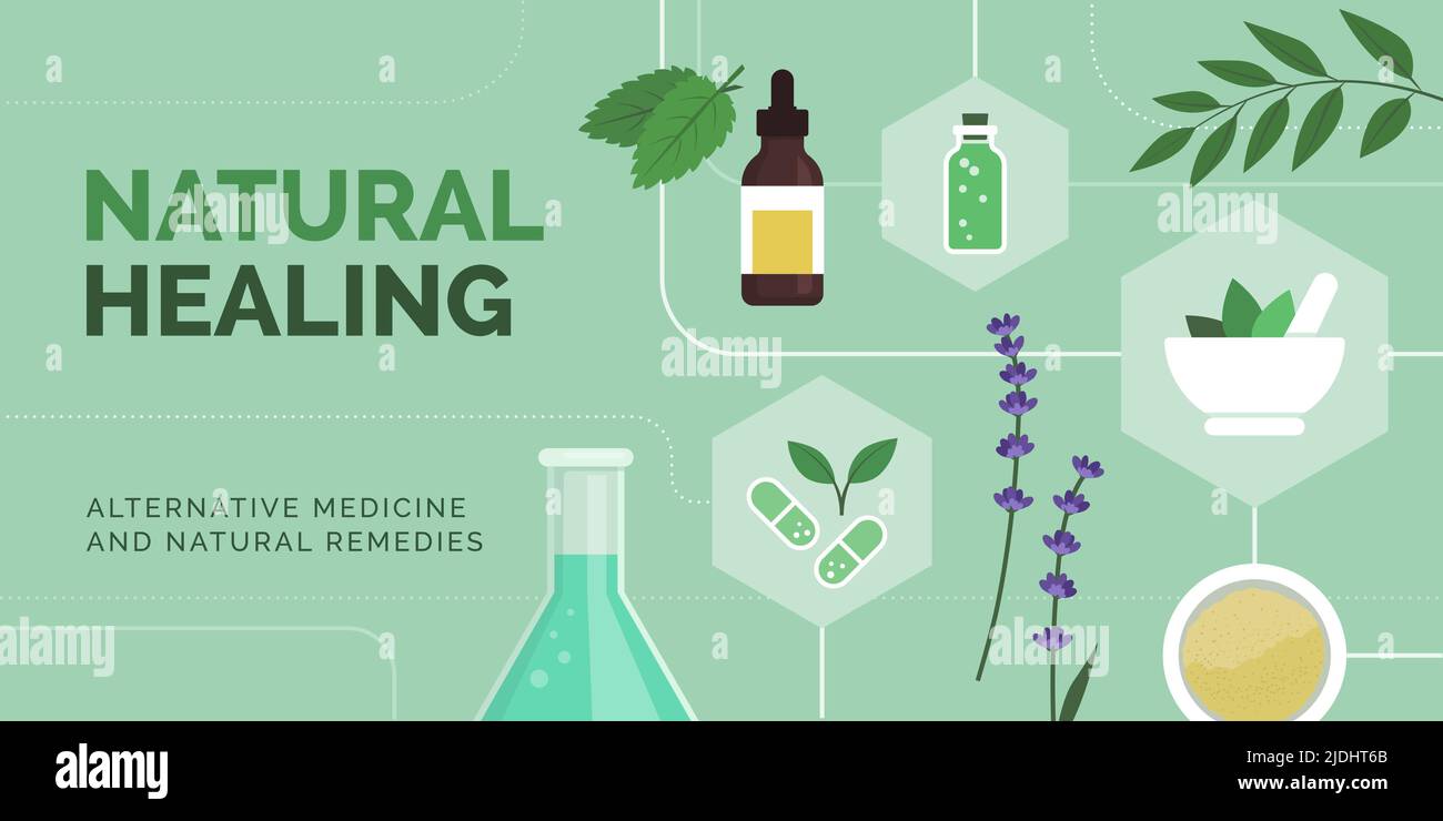 Natürliche Heilung und alternative Medizin: Pflanzen, Laborgeräte und Ikonen, Banner mit Kopierraum Stock Vektor