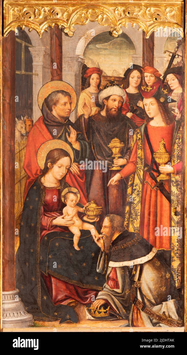 VALENCIA, SPANIEN - 14. FEBRUAR 2022: Das Gemälde von Adoratino von den Weisen auf dem Seitenaltar in der Kathedrale von Vicente Macip von Ende 15. Stockfoto