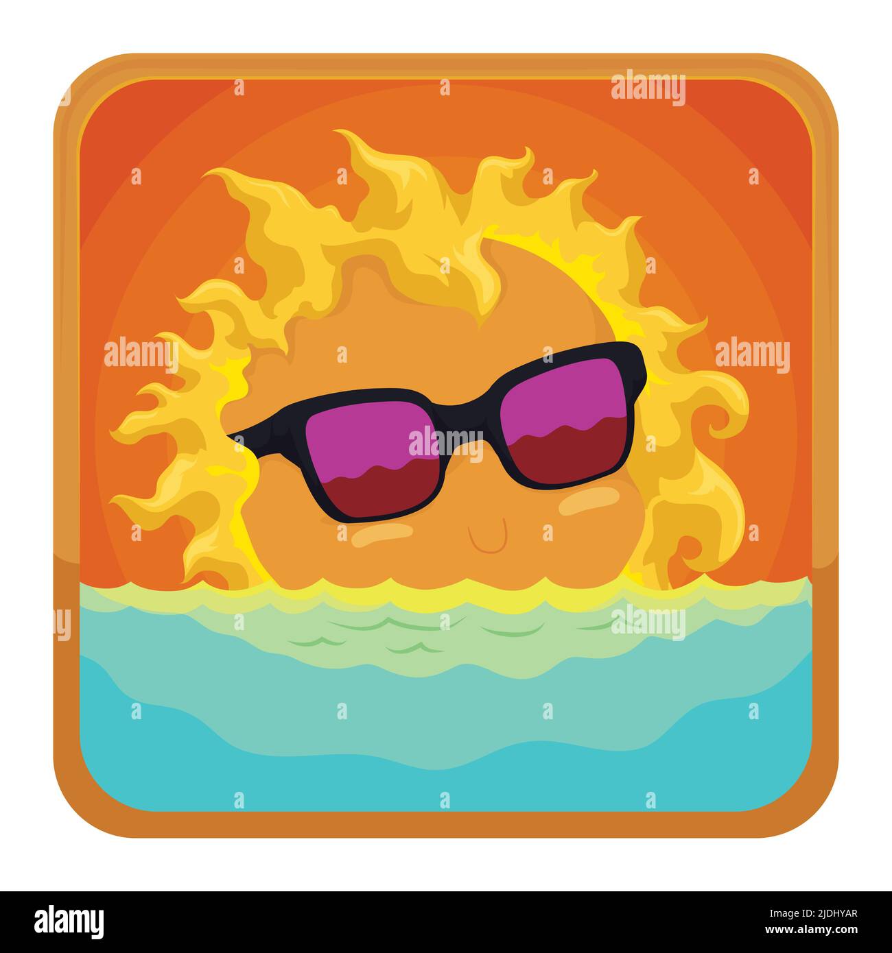 Quadratischer Knopf mit süßer Sonne bei Sonnenuntergang, ein entspannendes Bad mit Sonnenbrille. Stock Vektor