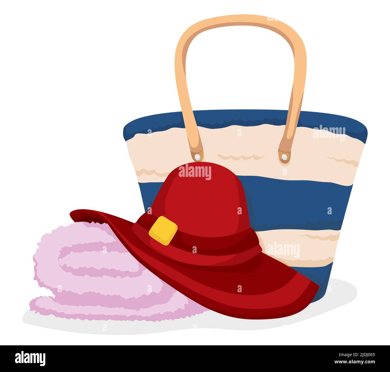 Elegante gestreifte Handtasche, rosa Handtuch und roter Hut für eine Dame am Strand. Stock Vektor