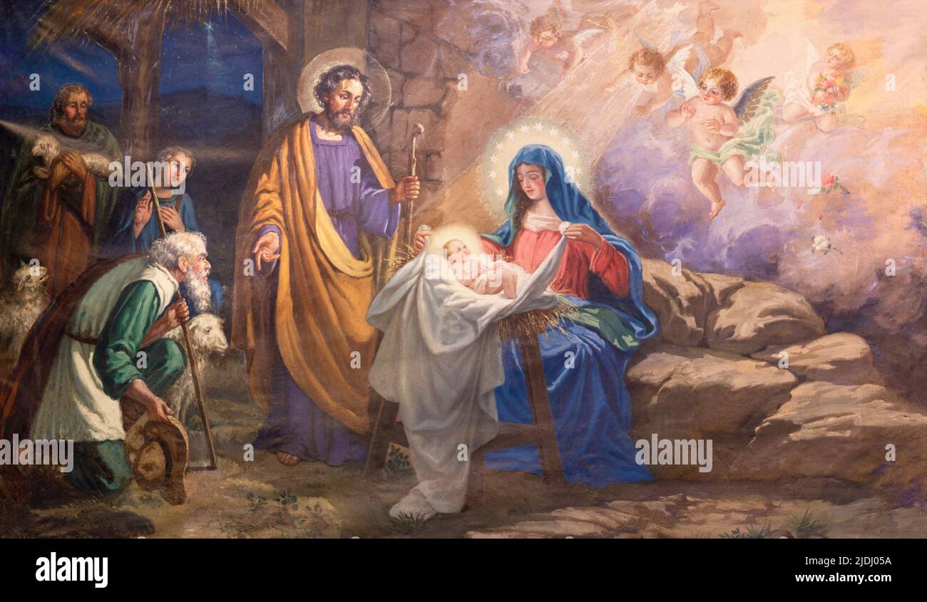 VALENCIA, SPANIEN - 17. FEBRUAR 2022: Das Gemälde der Anbetung der Hirten in der Kirche San Salvador y Santa Monica aus dem 20. Jh. Stockfoto