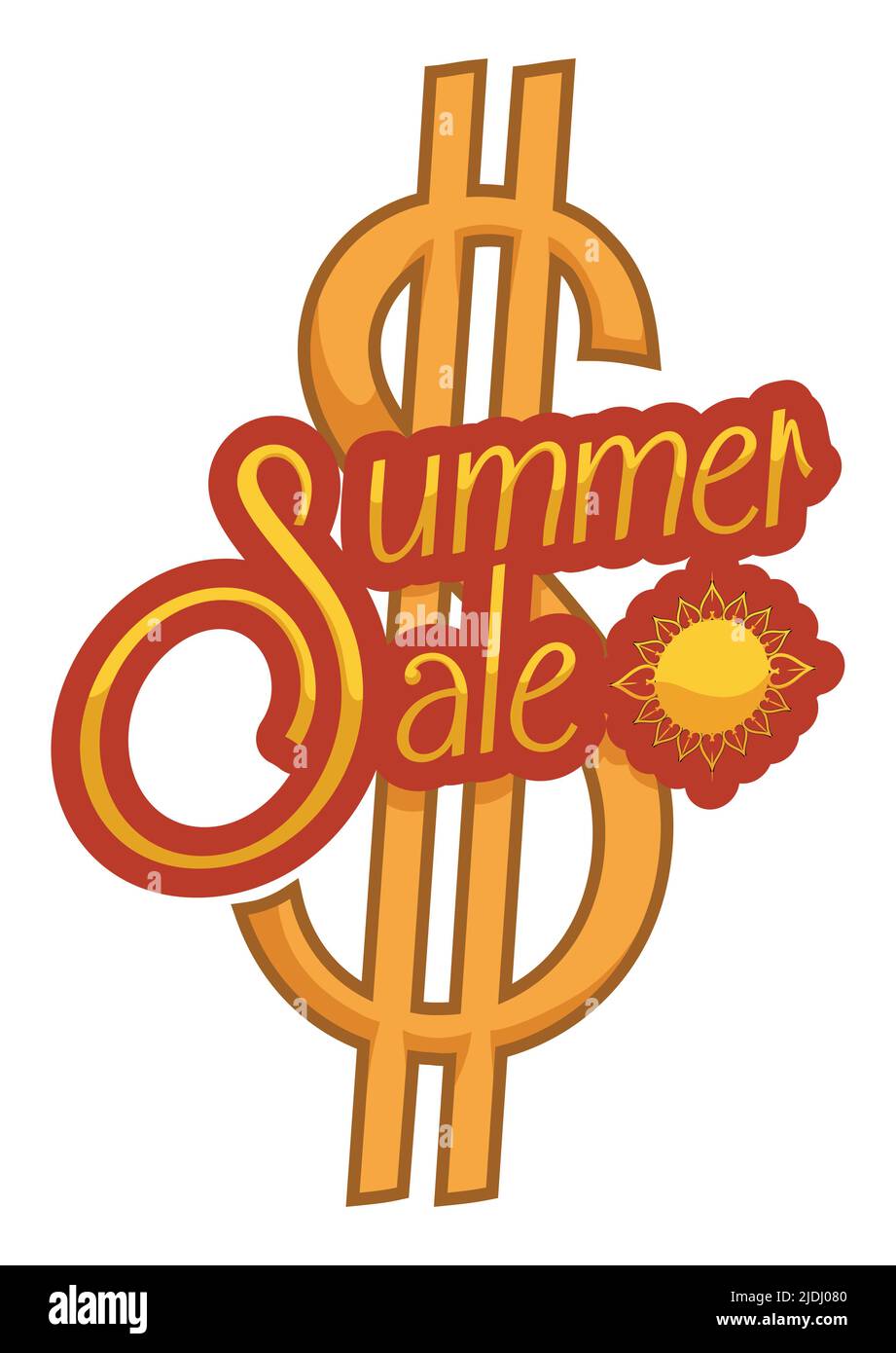 Goldenes Geld Symbol mit Schild und Sonnensymbol geschmückt, kündigt Sommer-Verkaufssaison. Stock Vektor