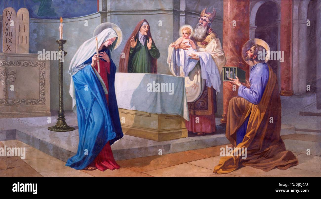 VALENCIA, SPANIEN - 17. FEBRUAR 2022: Das Gemälde der Präsentation im Tempel in der Kirche San Salvador y Santa Monica aus dem 20. Jh. Stockfoto