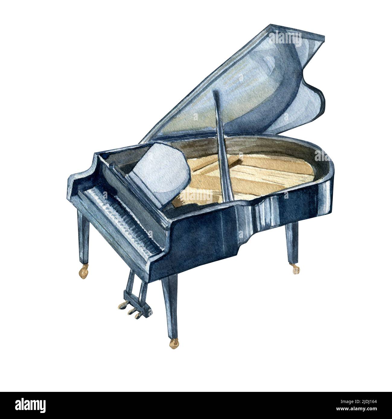 Großes Klavier Aquarell auf weißem Hintergrund. Klassisches Musikinstrument handbemalt. Sinfonieorchester Saiteninstrument Design für Stockfoto