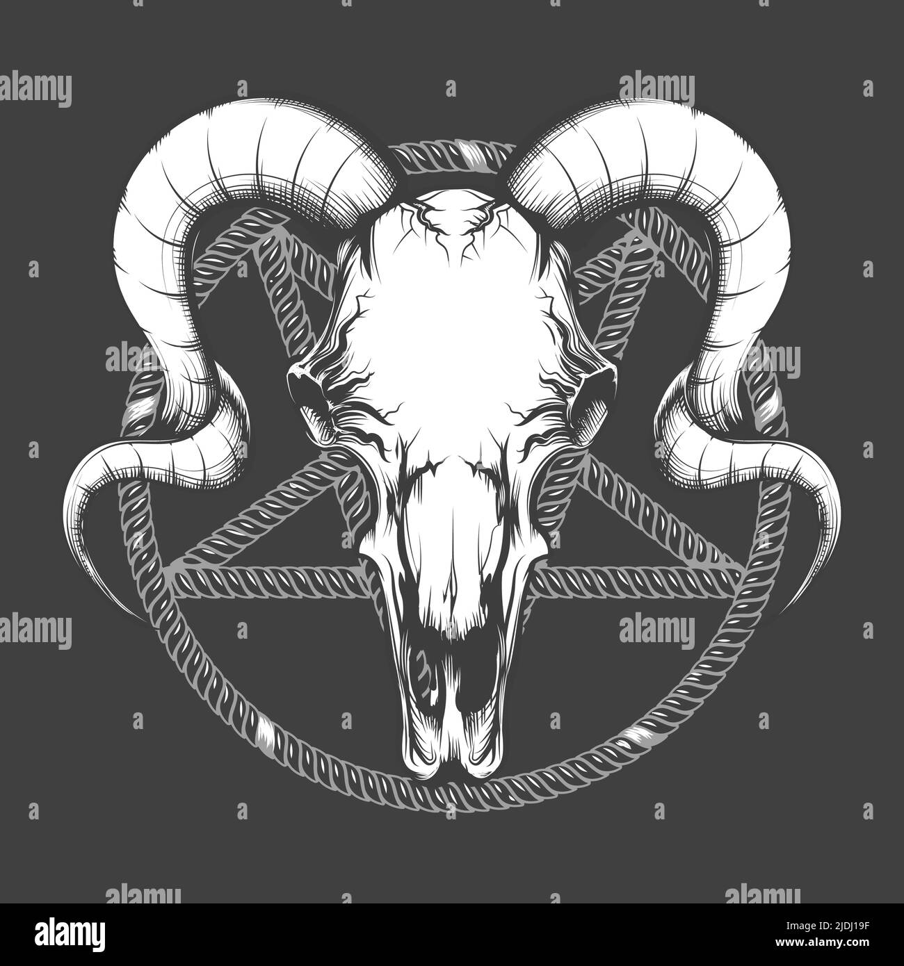 Okkultes Symbol des Ziegenschädels gegen Pentagramm isoliert auf Schwarz. Vektorgrafik. Stock Vektor