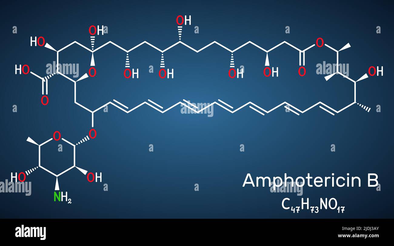 Amphotericin-B-Molekül. Es ist antimykotisch verwendet, um Pilzinfektionen zu behandeln. Strukturelle Chemikalie auf dem dunkelblauen Hintergrund. Vektorgrafik Stock Vektor
