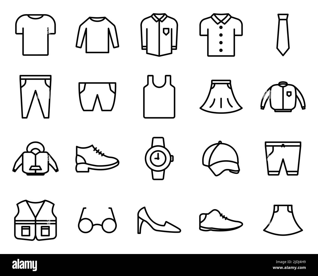 Vector Icon Set von Kleidung. Enthält Symbole wie Hemd, Hose, Jacke, Schuh, Hut, Rock, Krawatte, Uhr, brille, Unterhemd, Unterhemd. Liniensymbole. Stock Vektor