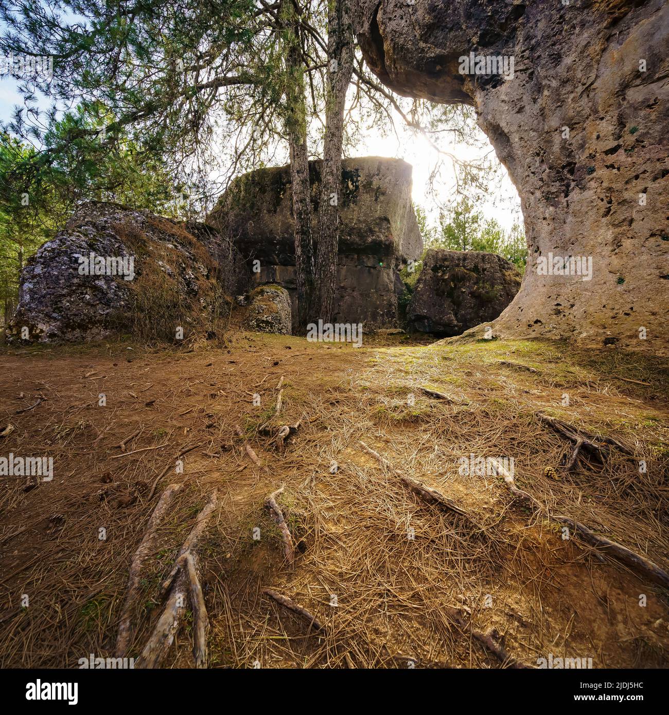 Sonnenstrahlen zwischen den Felsen des Parks der verzauberten Stadt, Cuenca Spanien. Stockfoto