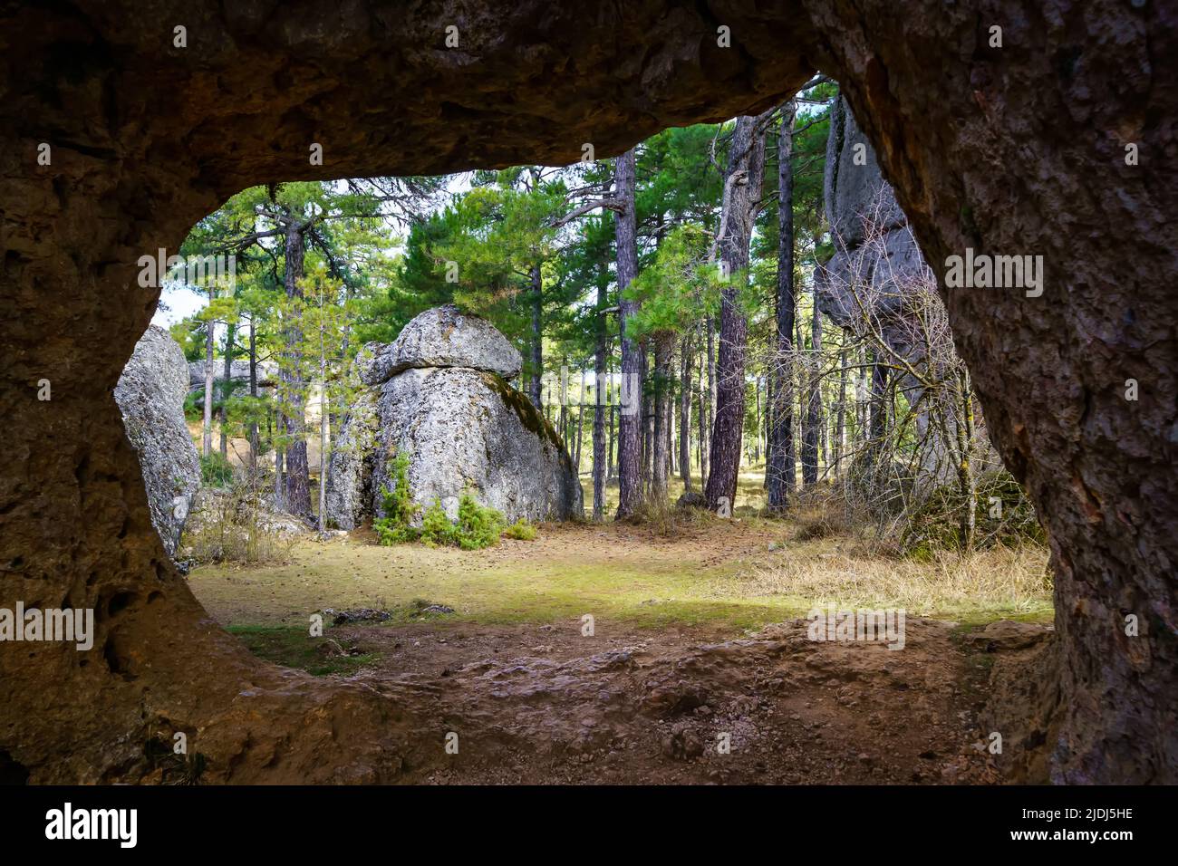 Felsenhöhle, die den Wald der verzauberten Stadt Cuenca in Spanien umrahmt. Stockfoto