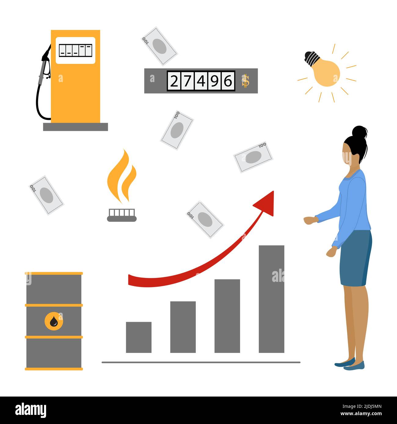 Vektorgrafik Frau ist aufgeregt. Steigende Preise. Hohe Preise für natürliche Ressourcen. Verbindlichkeiten von Energieversorgungsunternehmen. Einsparung von Haushaltsbudget. Höhere Kosten. Geld. Stresse Stock Vektor