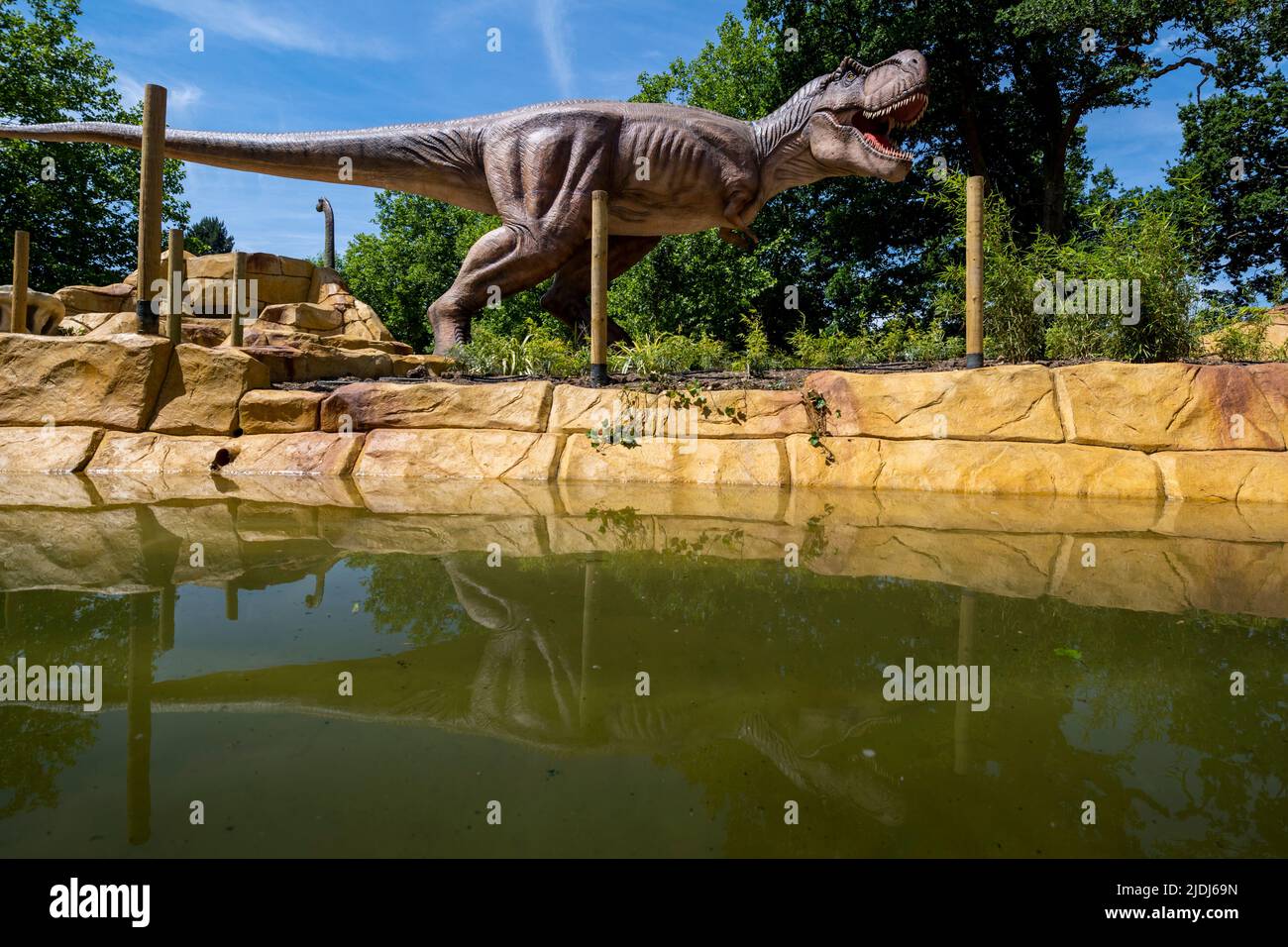 London, Großbritannien. 21. Juni 2022. Der Jurassic Island, ein verrückter Golfplatz im Dinosaurier-Stil, der in Harrow gebaut wird, macht den letzten Schliff. Lebensgroße Dinosaurier sind zwischen den Löchern auf dem Golfplatz eingestreut, der am 2. Juli für die Öffentlichkeit zugänglich ist. Kredit: Stephen Chung / Alamy Live Nachrichten Stockfoto