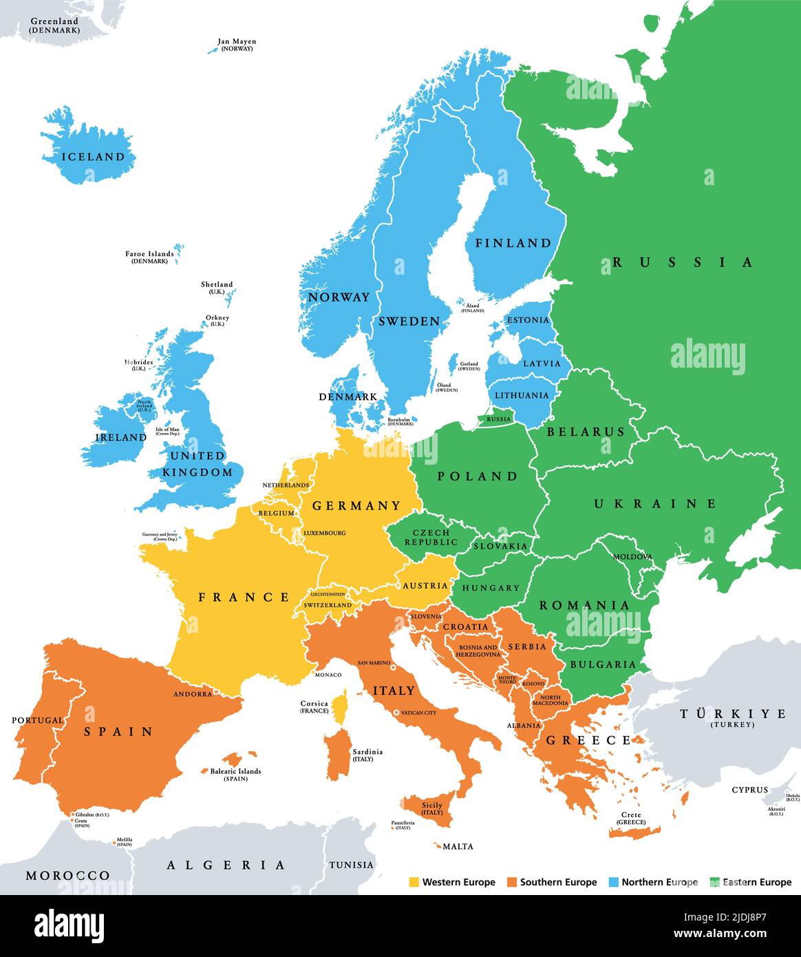 Europa-Subregionen, politische Landkarte. Geoschema, das den europäischen Kontinent in Ost-, Nord-, Süd- und Westeuropa unterteilt. Stockfoto