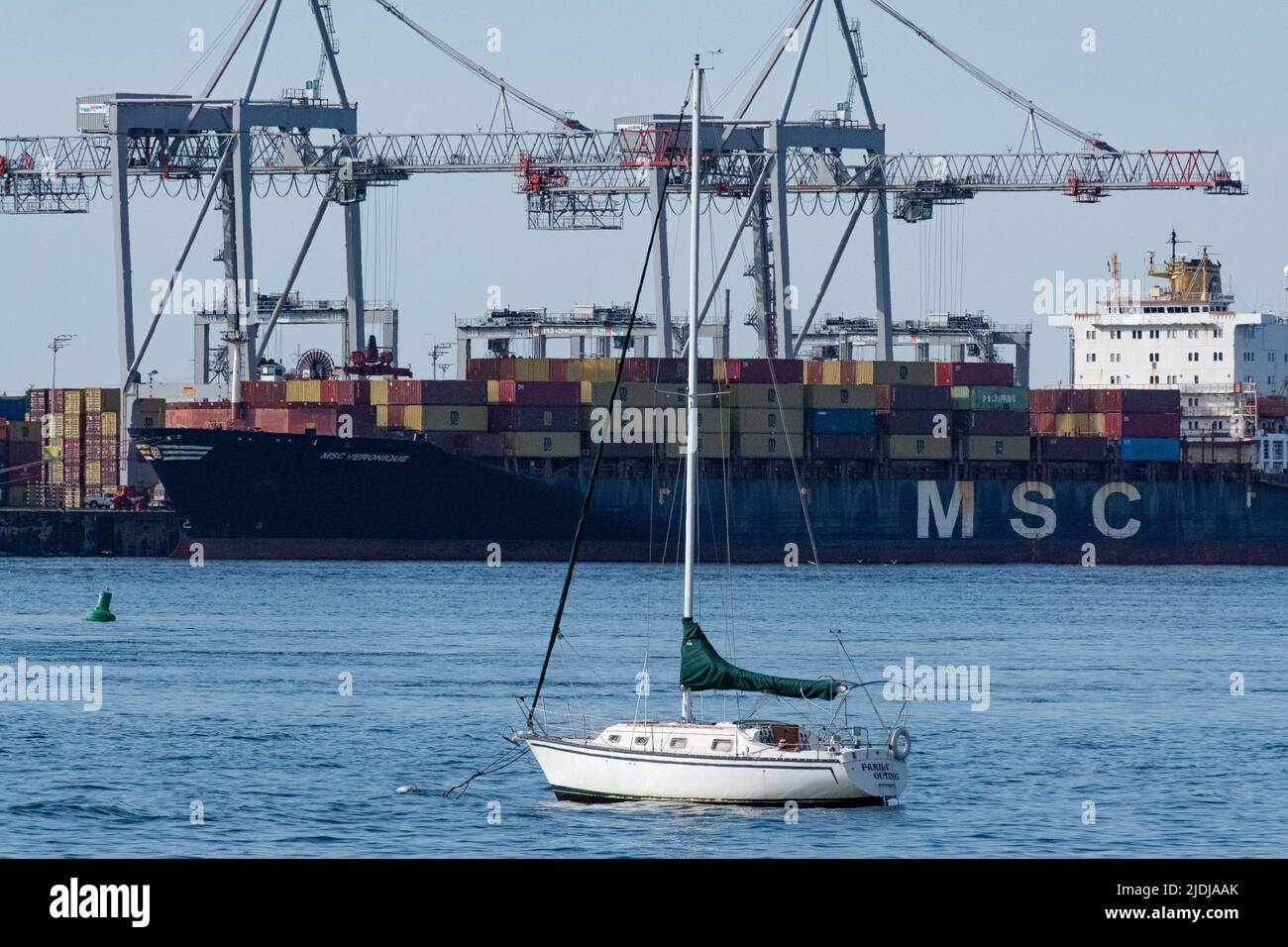 Ein Segelboot am Hafen von Montreal an heißen Tagen. In der Ferne werden die Transportbehälter von Kränen gestapelt, wenn ein Schiff vorbeifährt. Stockfoto