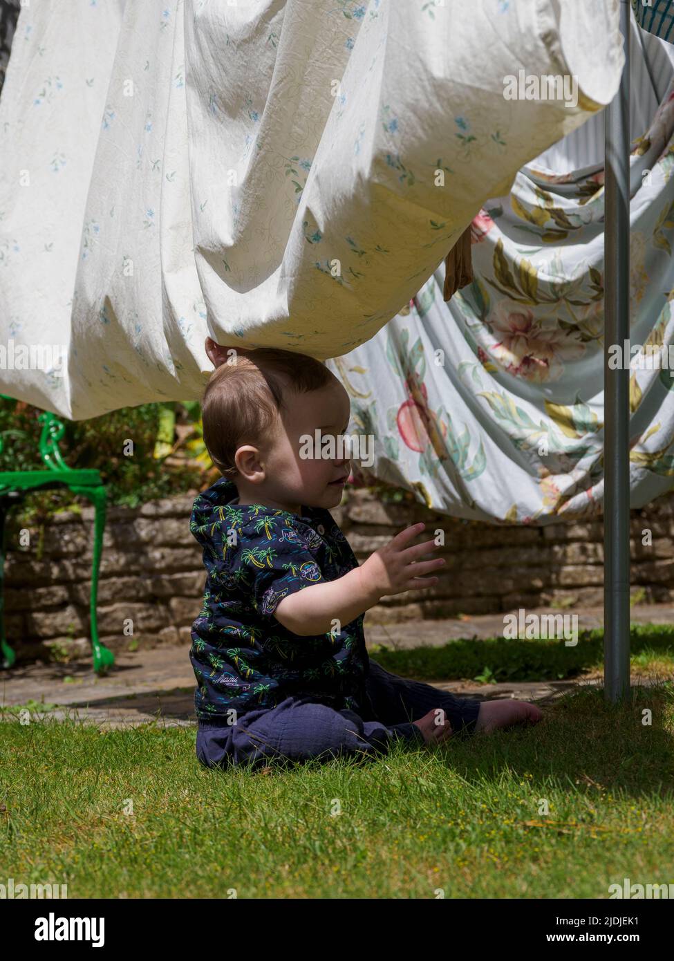 Kleinkind spielt unter der Wäscheleine im Garten, Großbritannien Stockfoto