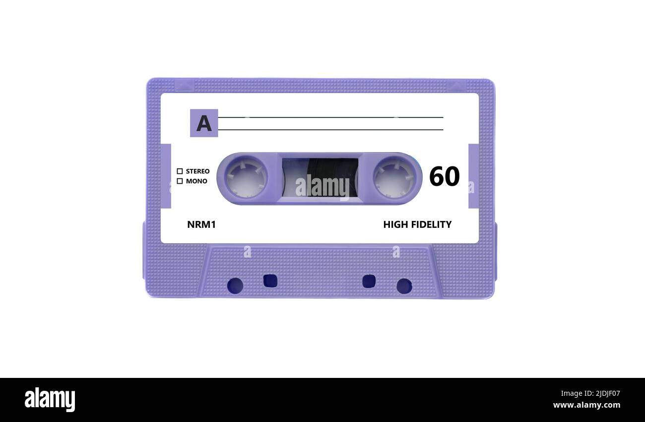 Vintage Musik und Sound, Retro 80s Song. Audiokassettenband violette Farbe isoliert auf weißem Hintergrund. Stockfoto