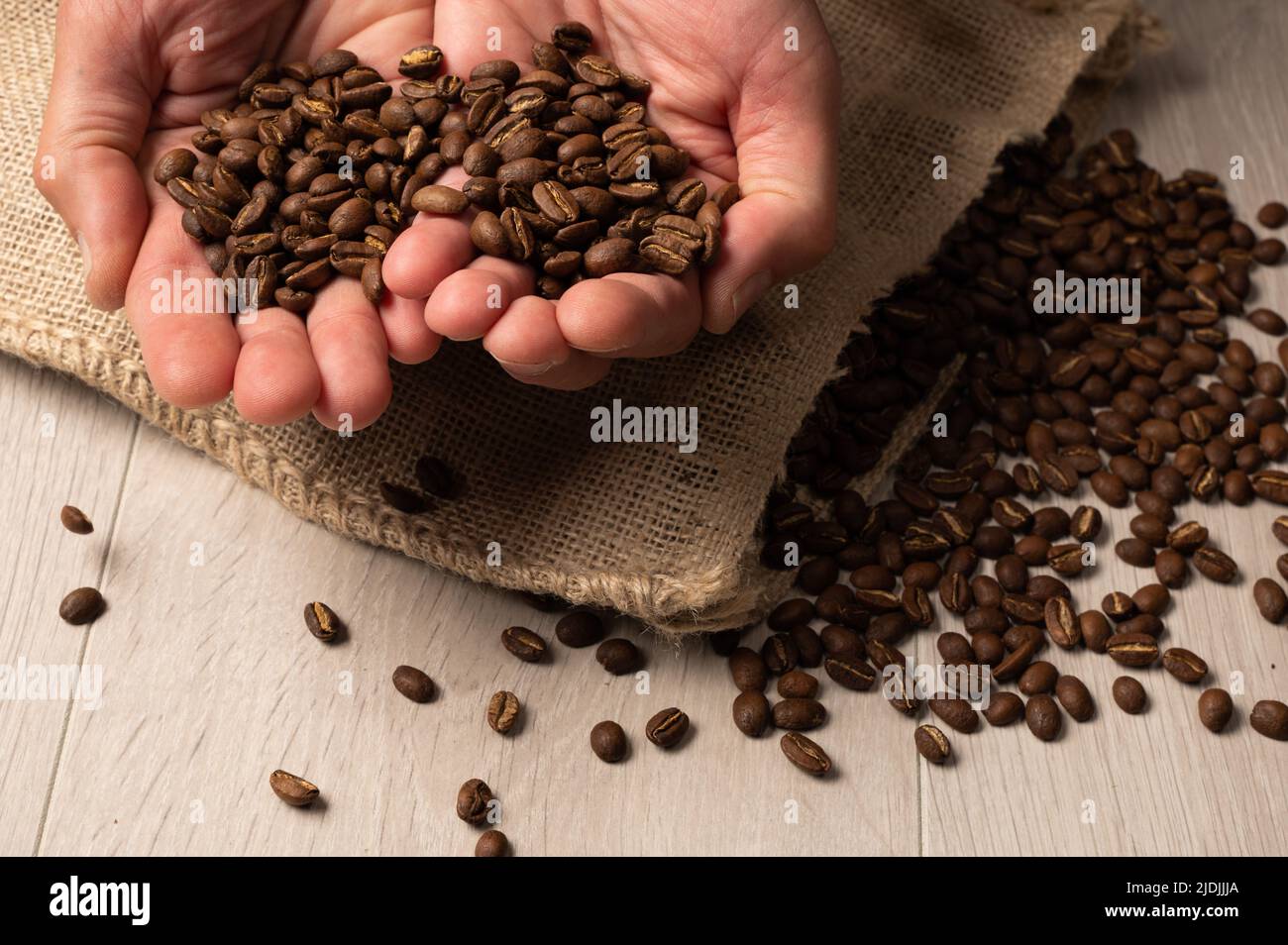 Kaffeebohnen, die in der Hand liegen, werden aus einer hessischen Tasche auf hellem Holzhintergrund aus nächster Nähe verschüttet Stockfoto