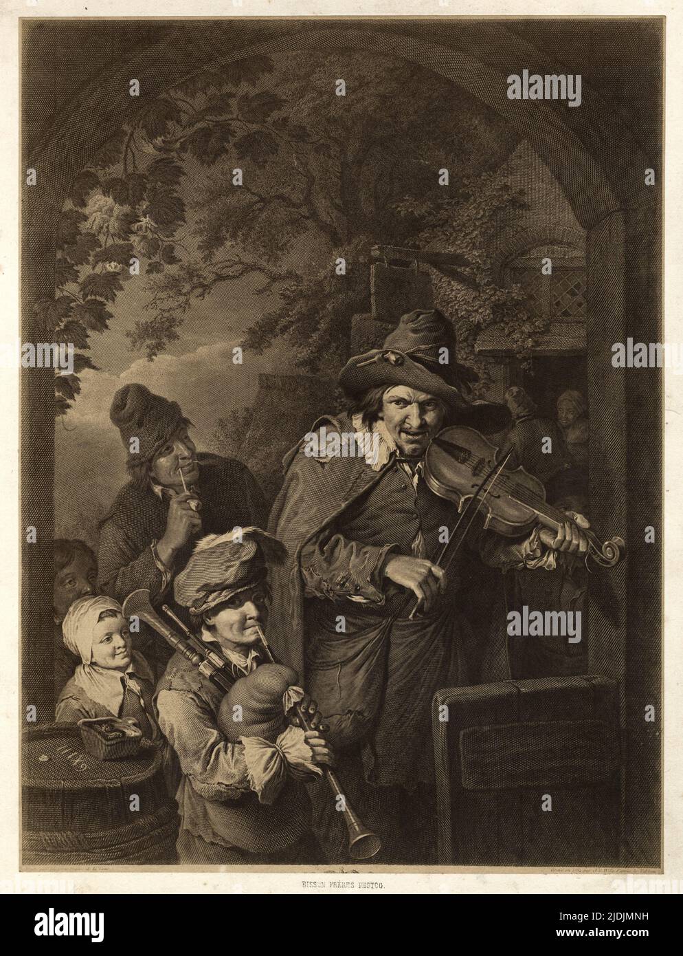 Les Musiciens Ambulants, 1764 / 1858. Reproduktion eines Stichs von Johann Georg Wille (1715 - 1808) von Bisson Frères (1852 - 1863) nach einem Gemälde von Christian Wilhelm Ernst Dietrich (1712 - 1774), 1764 Stockfoto