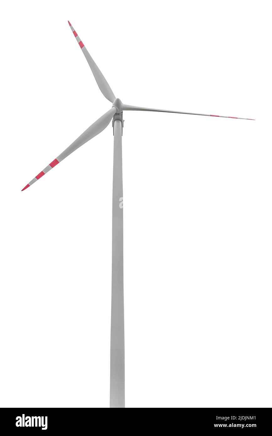 Windturbine isoliert auf weißem Hintergrund mit Beschneidungspfad Stockfoto