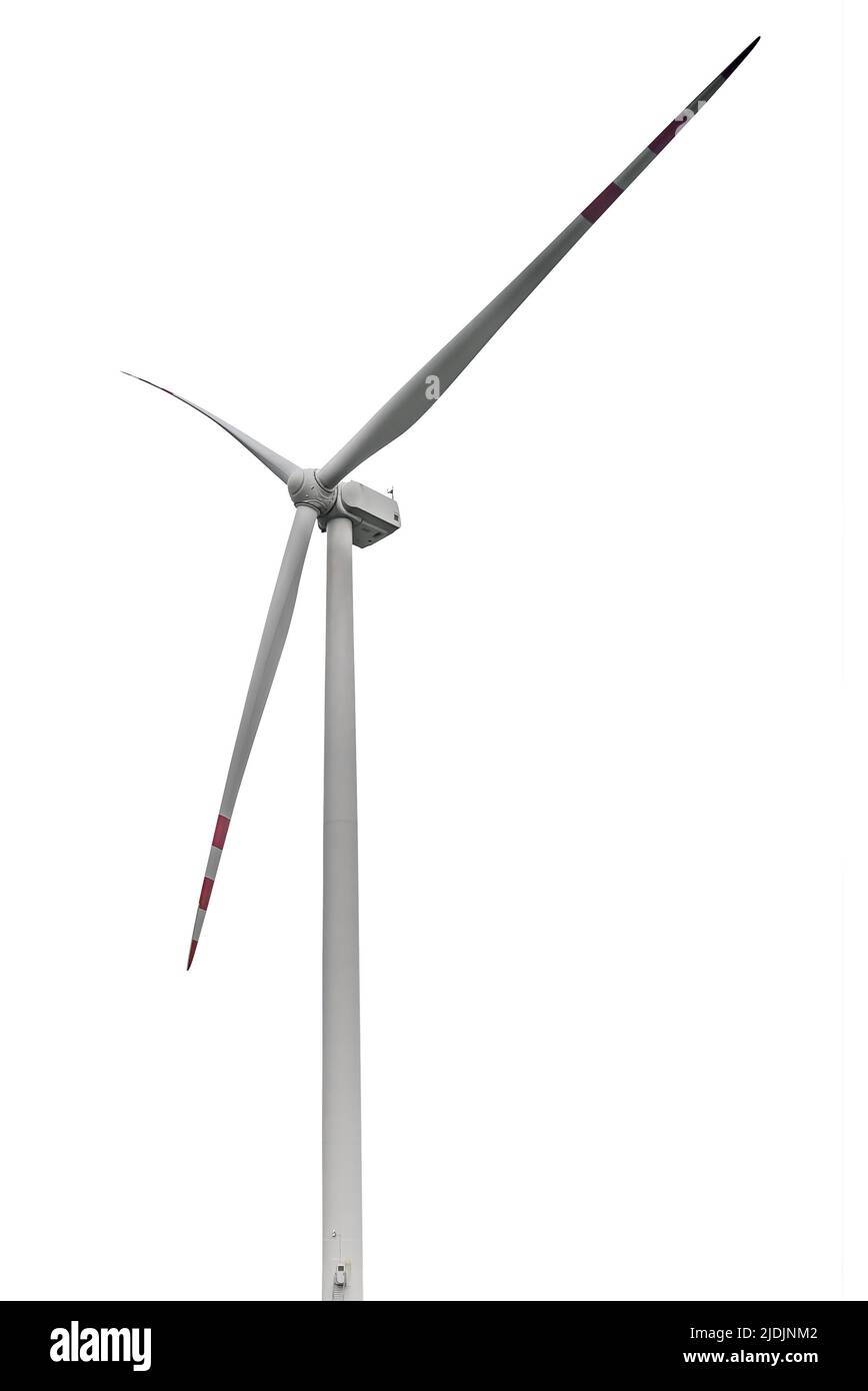 Windturbine isoliert auf weißem Hintergrund mit Beschneidungspfad Stockfoto
