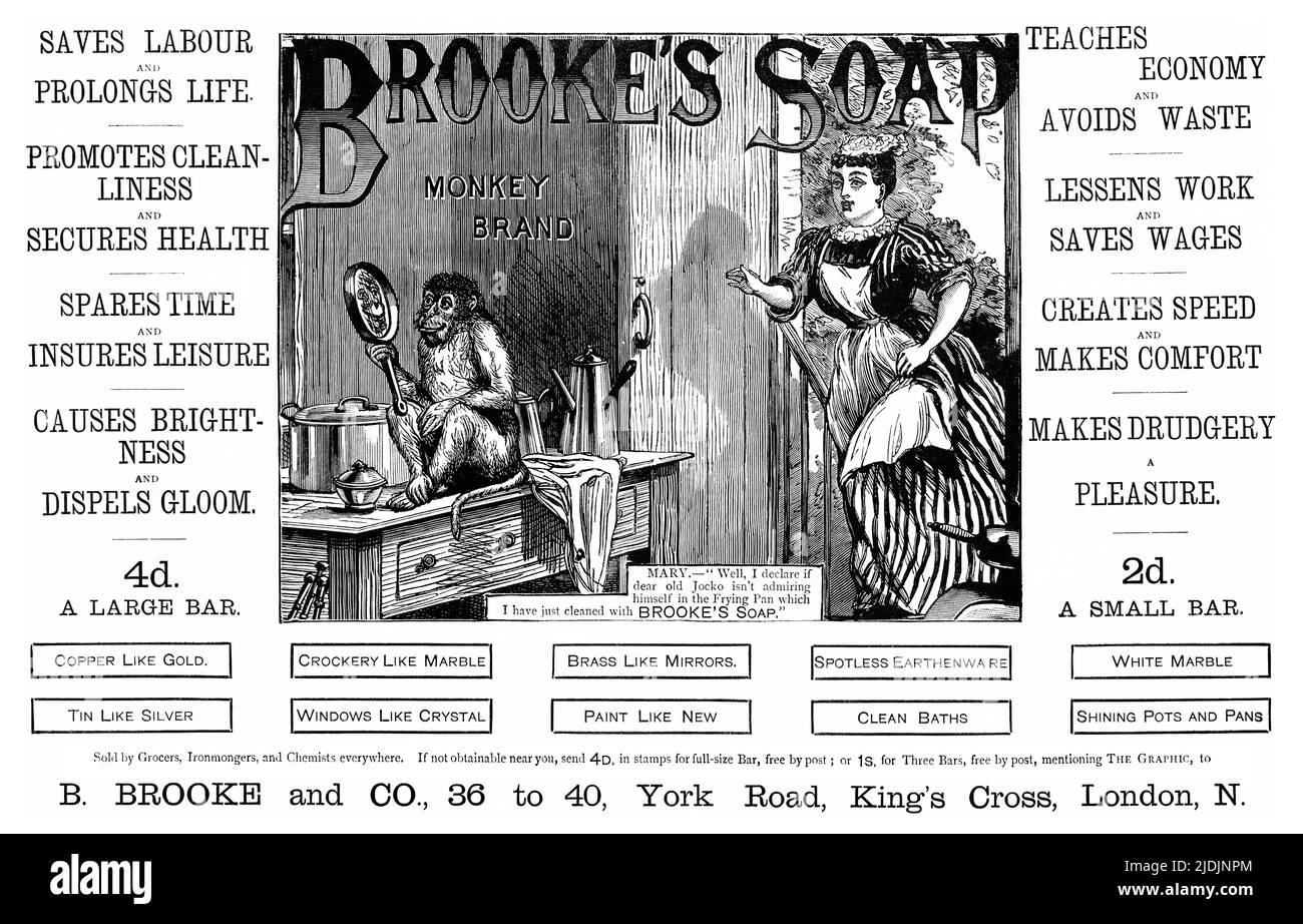 1887 britische Werbung für Brooke's Monkey Brand Haushaltsseife. Stockfoto