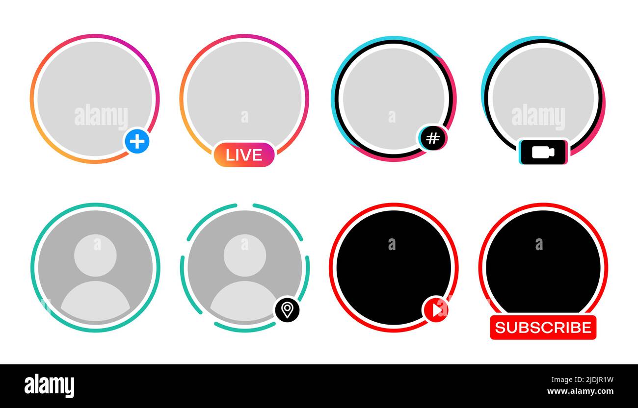 Avatar-Frames in sozialen Medien, Live-Video-Symbole für Instagram-Geschichte, Vektor-Gradient-Kreis-Vorlagen. Benutzerprofil oder Avatar-Frame für den Broadcast-Stream in sozialen Medien mit Tags für Abonnement, Wiedergabe und Hashtag Stock Vektor