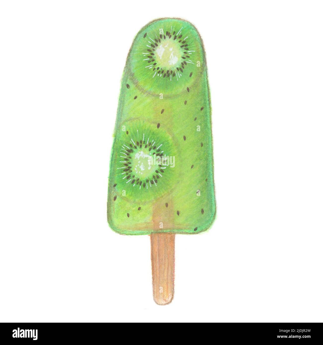 Ein farbenfrohes Kiwi-Fruchteis auf weißem Hintergrund. Handgezeichnete Clipart-Illustration in Aquarell. Ideal für Karten, Menüs, Drucke, Partys. Stockfoto