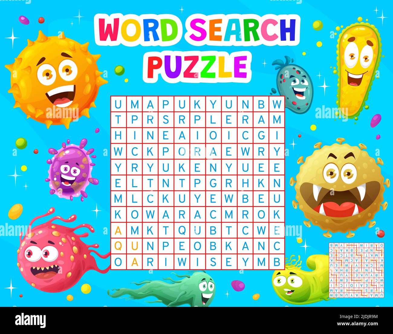 Cartoon-Viren, Mikroben und Keime auf Wortsuche Puzzle-Spiel Arbeitsblatt. Kinder Quiz Gitter, Intelligenz Test oder Kind Vektor logische Puzzle mit Wörtern in Buchstaben finden Aufgabe. Kinder Lernspiel Stock Vektor