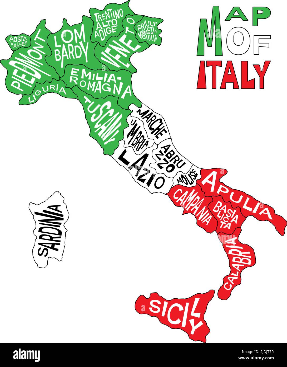 Italienische Karte mit Namen der Verwaltungsprovinzen - Abruzzen, Aostatal, Apulien, Basilikata, Kalabrien und mehr. Landkarte von Italien mit Infografik zur Region Stock Vektor