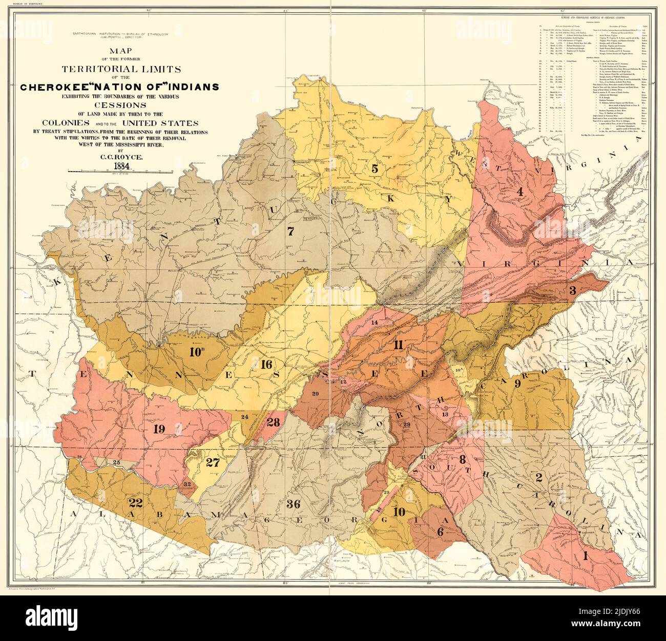 Eine verstärkte, restaurierte Reproduktion einer Karte der ehemaligen territorialen Grenzen der Cherokee 'Nation of' Indians 1884. Herausgegeben vom Bureau of Ethnology der Smithsonian Institution, wie in der Ecke der Karte angegeben. Gibt die Chronologie der Cherokee-Landzessions an. Zeigt angestammte Länder in Staaten östlich des Mississippi. Stockfoto