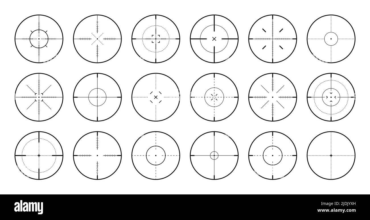 Verschiedene Scharfschützengewehr Visiere, Waffe optischen Scope Fadenkreuz. Sucher für Jagdwaffen. Symbol für das Aufschießzeichen, zielen. Militärisches Zielschild. Spieloberfläche Stock Vektor