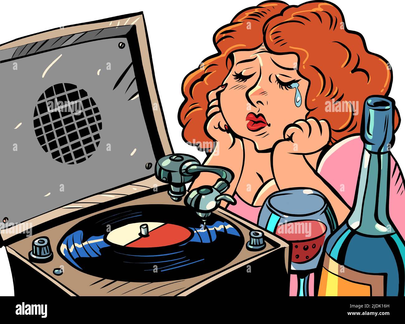 Traurige rothaarige Frau hört Musik auf dem Grammophon und trinkt Wein. Einsamer Abend. Platte Stock Vektor